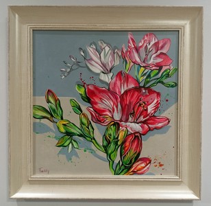 Октомври,<br /> Фрезия,<br /> техника: акрил, <br />размер: 40/40 см,<br /> цена: 300 лв.