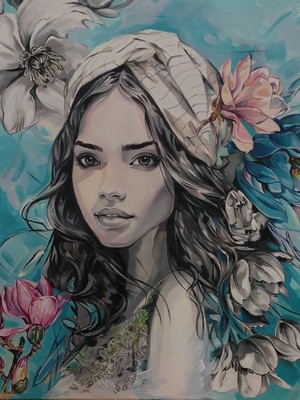 В прегръдката на цветята<br />размер: 60/60см.<br /> техника: Акрил